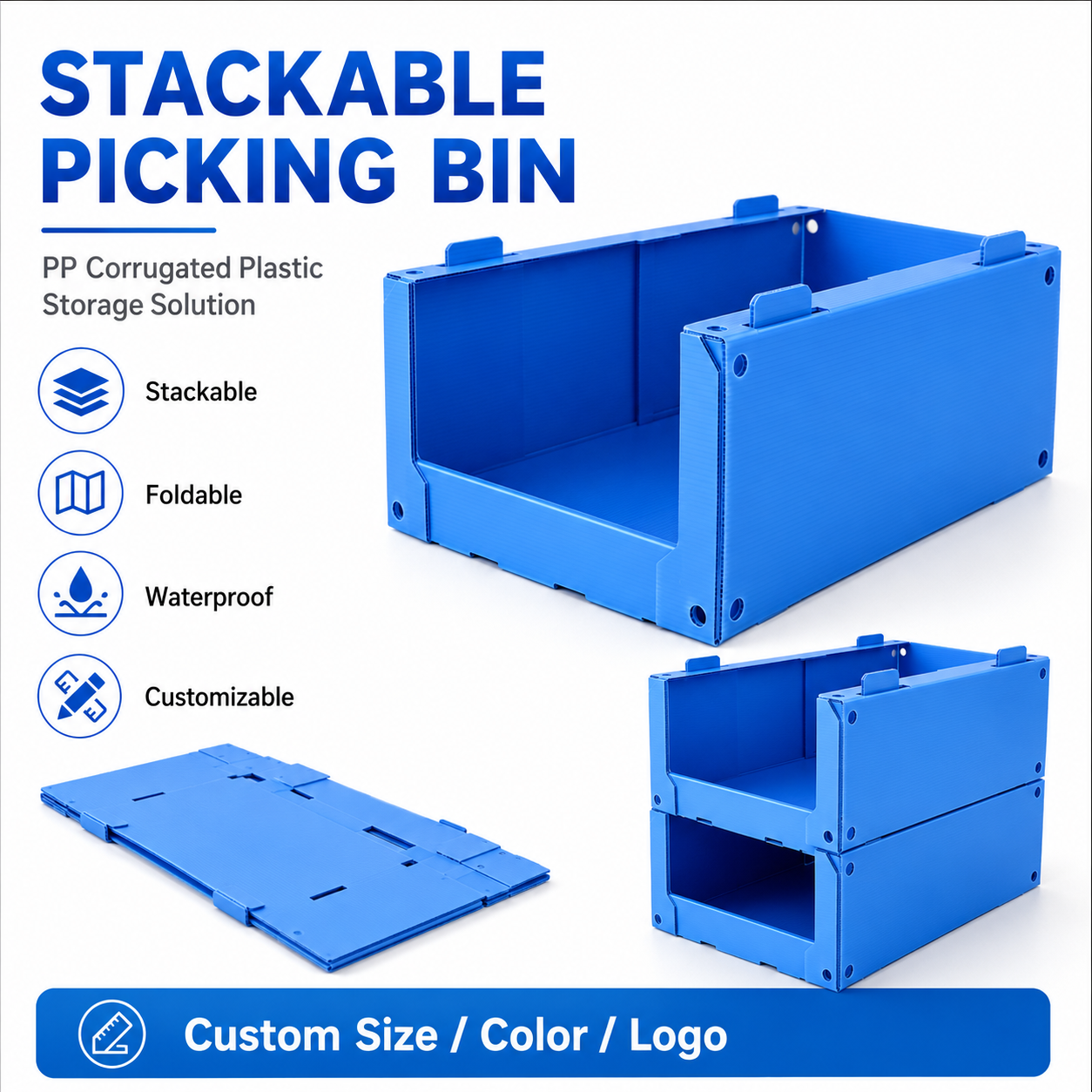 Custom Size Corrugated Plastic Stackable Storage Bins Open Front Order Picking Containers For Logistics Centers